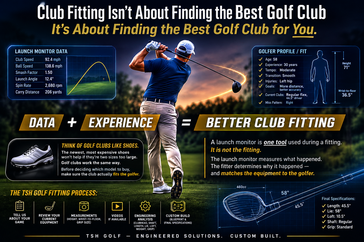 Club fitting infographic with golfer measurements, launch monitor data and fitting process