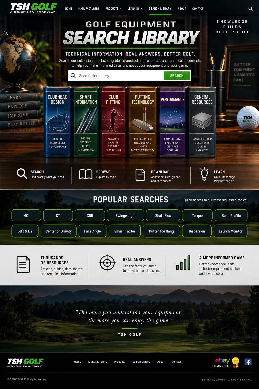 TSH Golf Equipment Search Library with six browse categories and popular searches