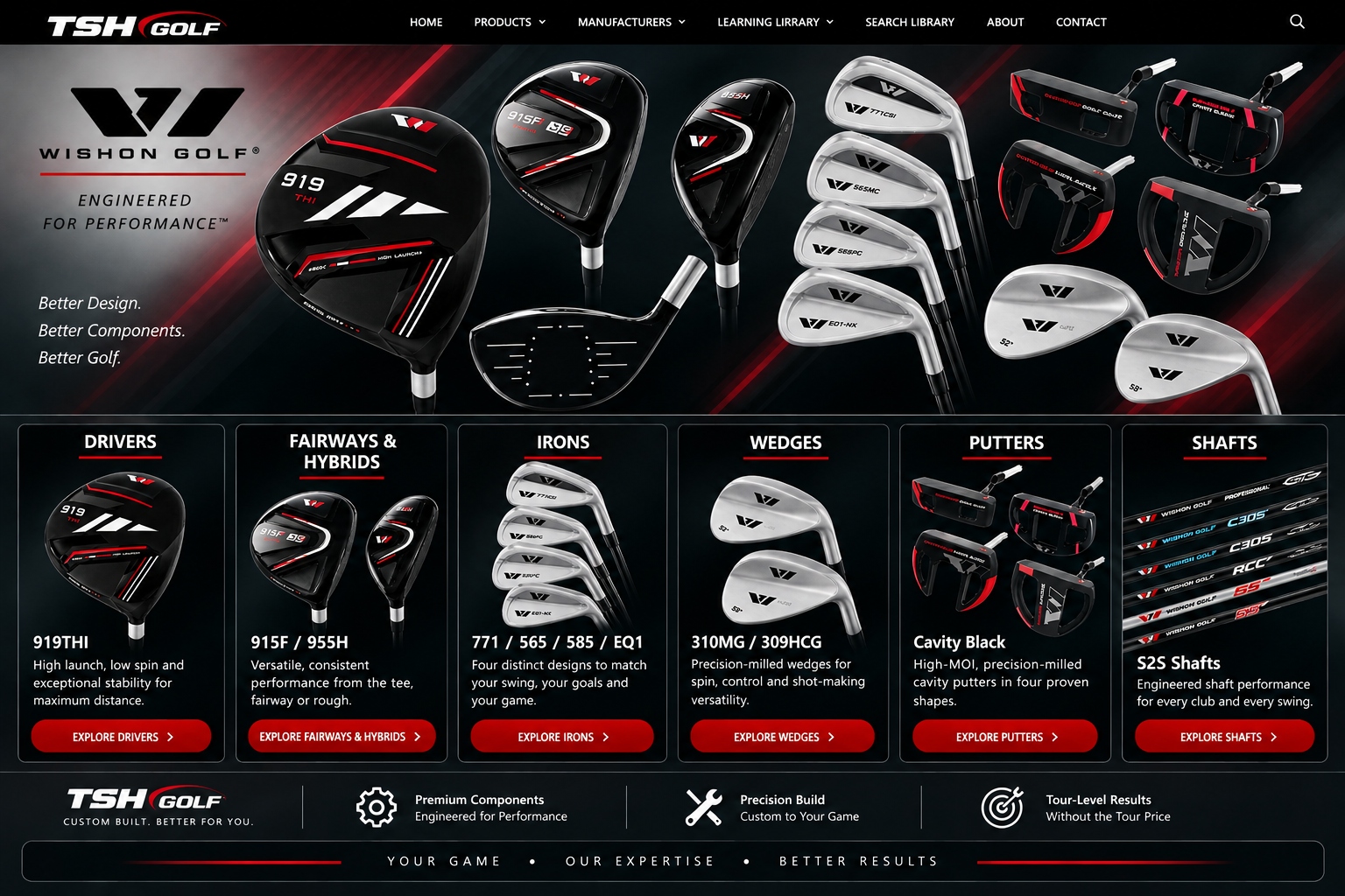 Wishon Golf complete product family — drivers, fairways, hybrids, irons, wedges, putters and shafts